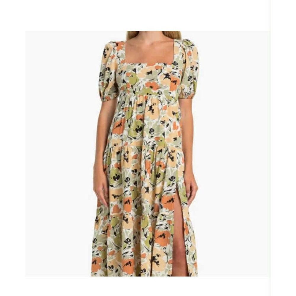 Astr Floral Midi Dress in Cream, Olive & Peach